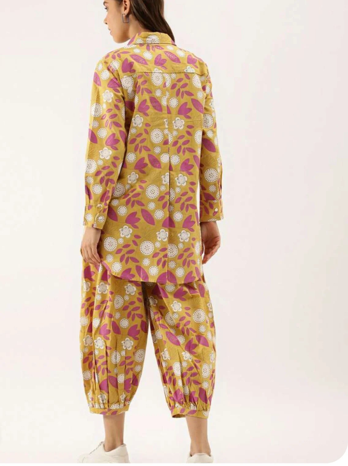 Mustard yellow and pink printed mid-rise trousers