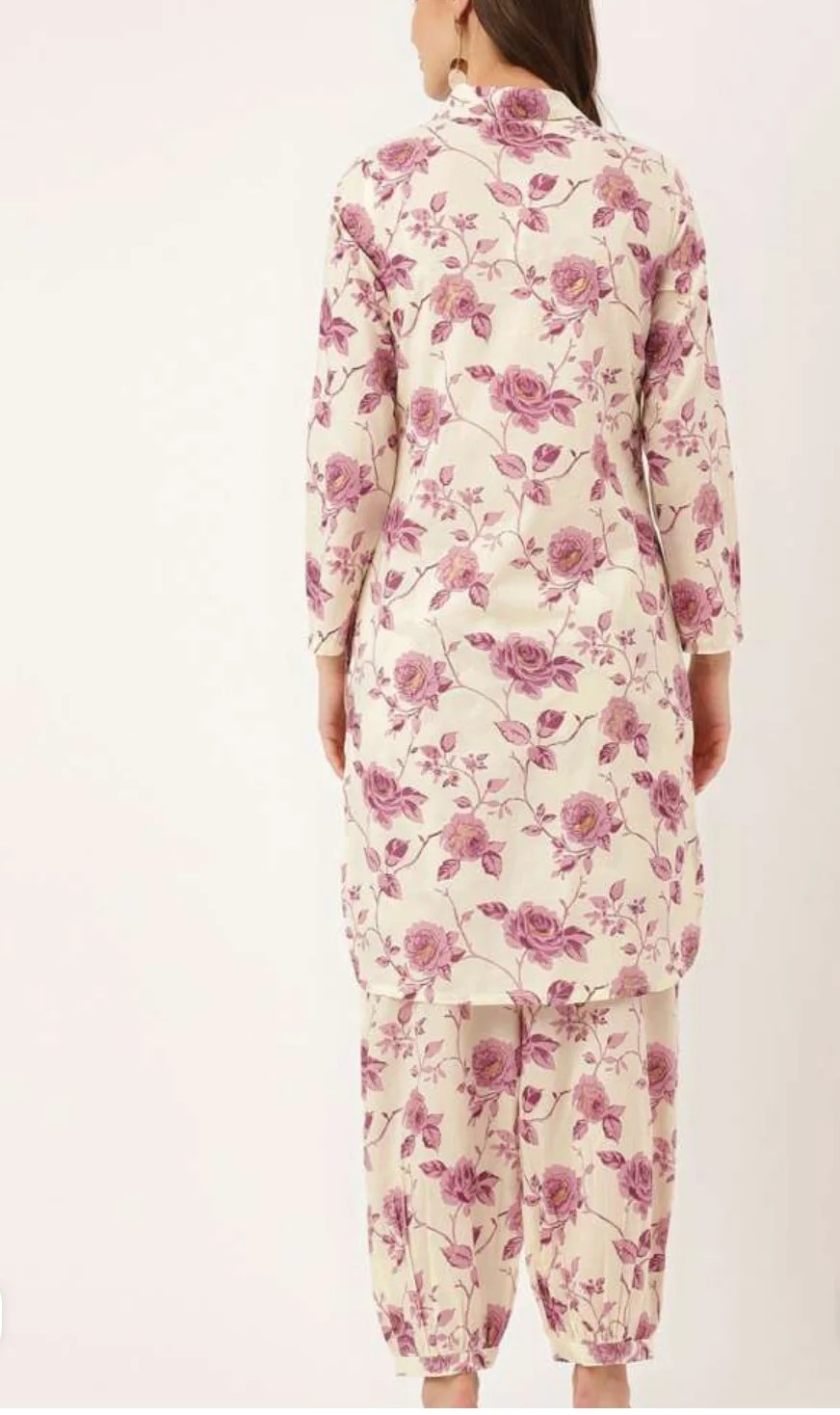 Purple and cream-coloured printed kurta with salwar