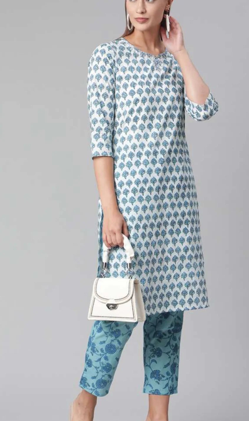 White printed Kurta with Trousers