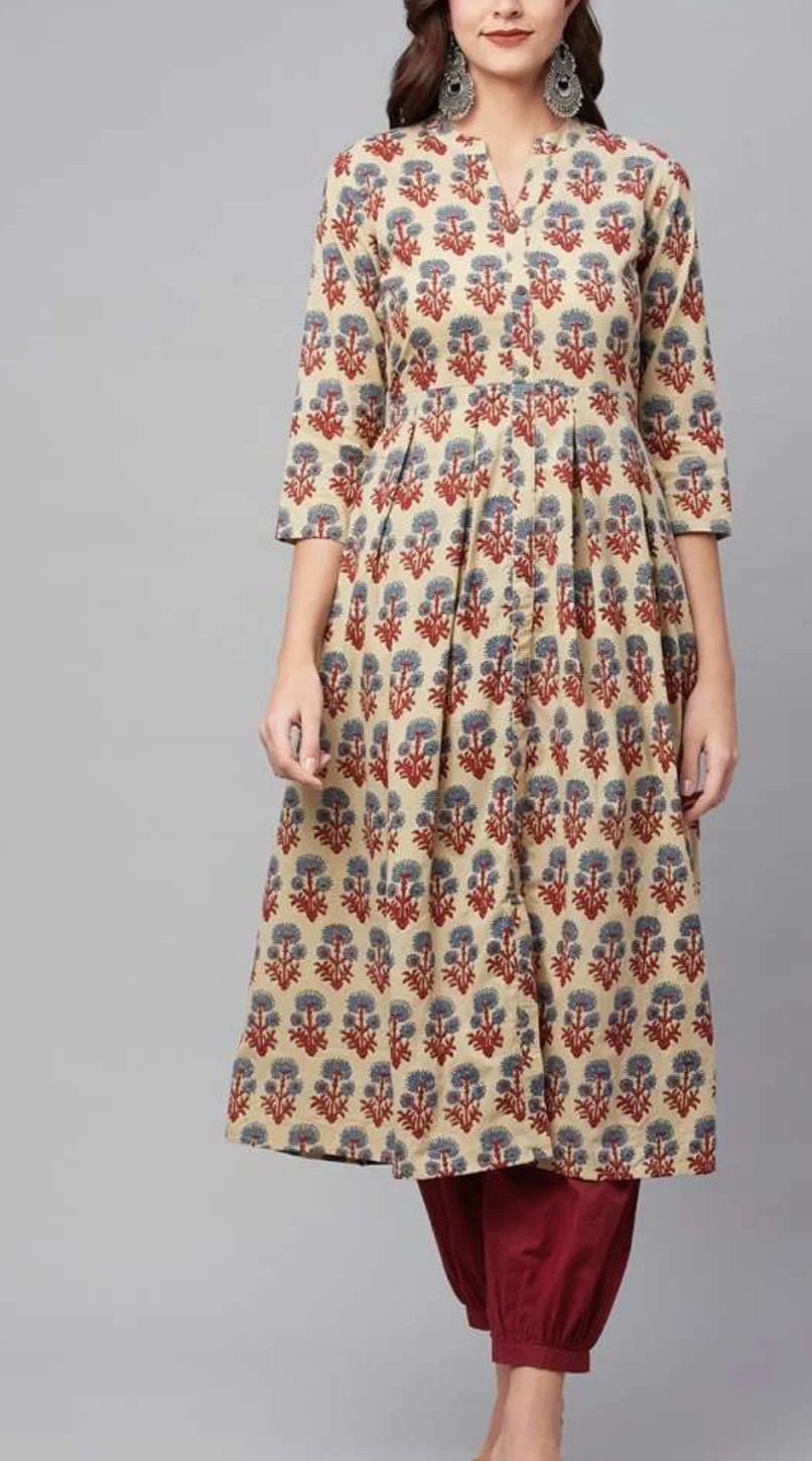 Beige printed Kurta with Salwar