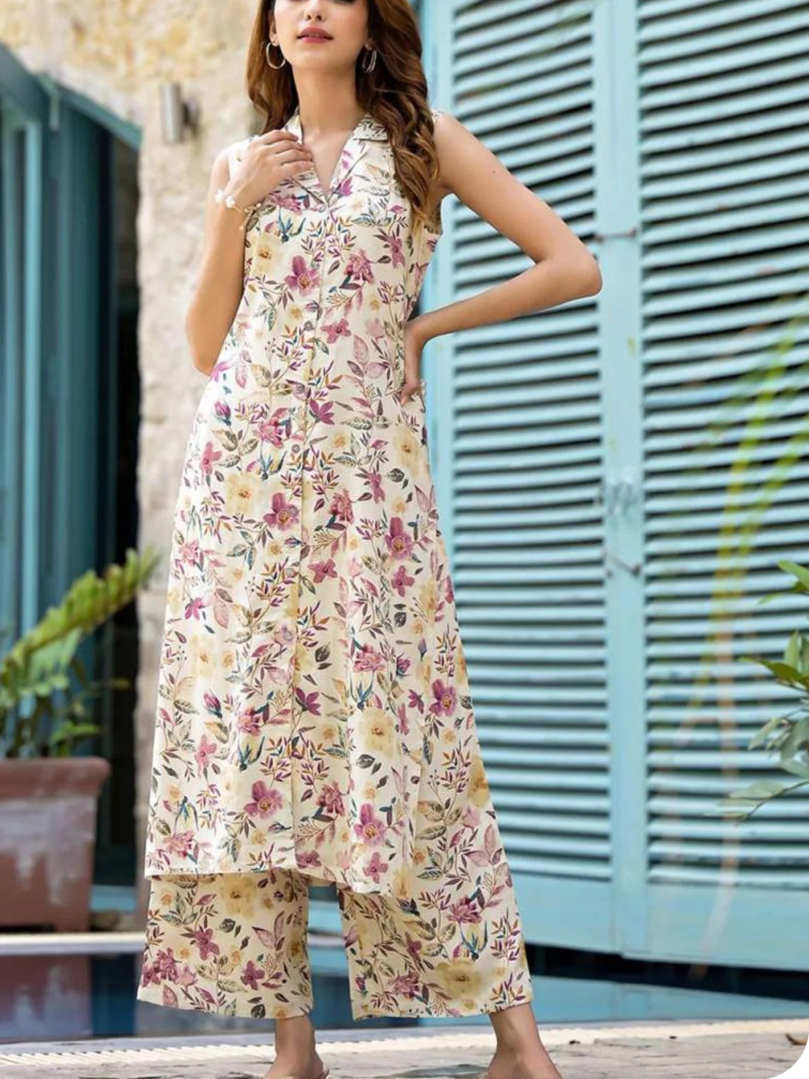 Cream-coloured & Purple printed Kurta with Palazzos