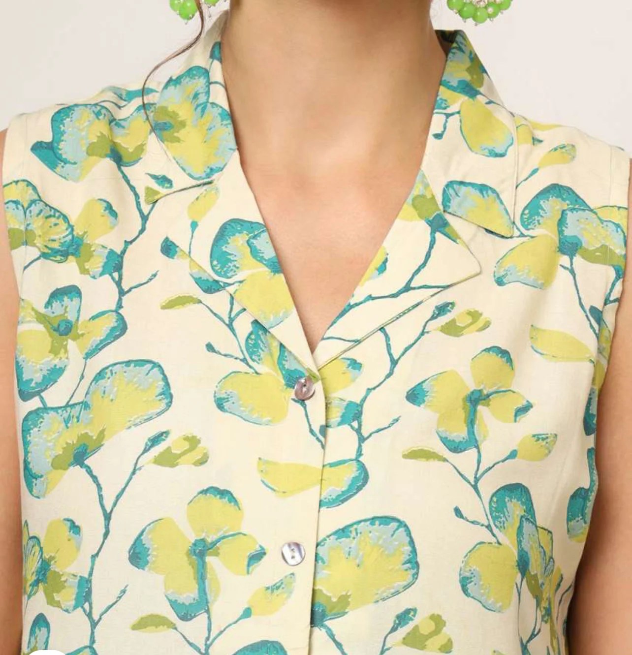 Cream-coloured & yellow,green printed Kurta with Trousers