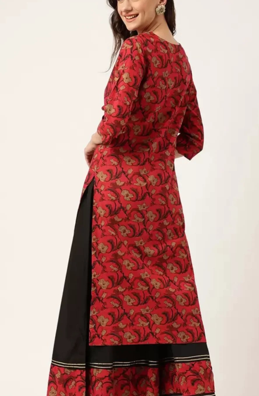 Maroon,black floral printed Kurta with Sharara