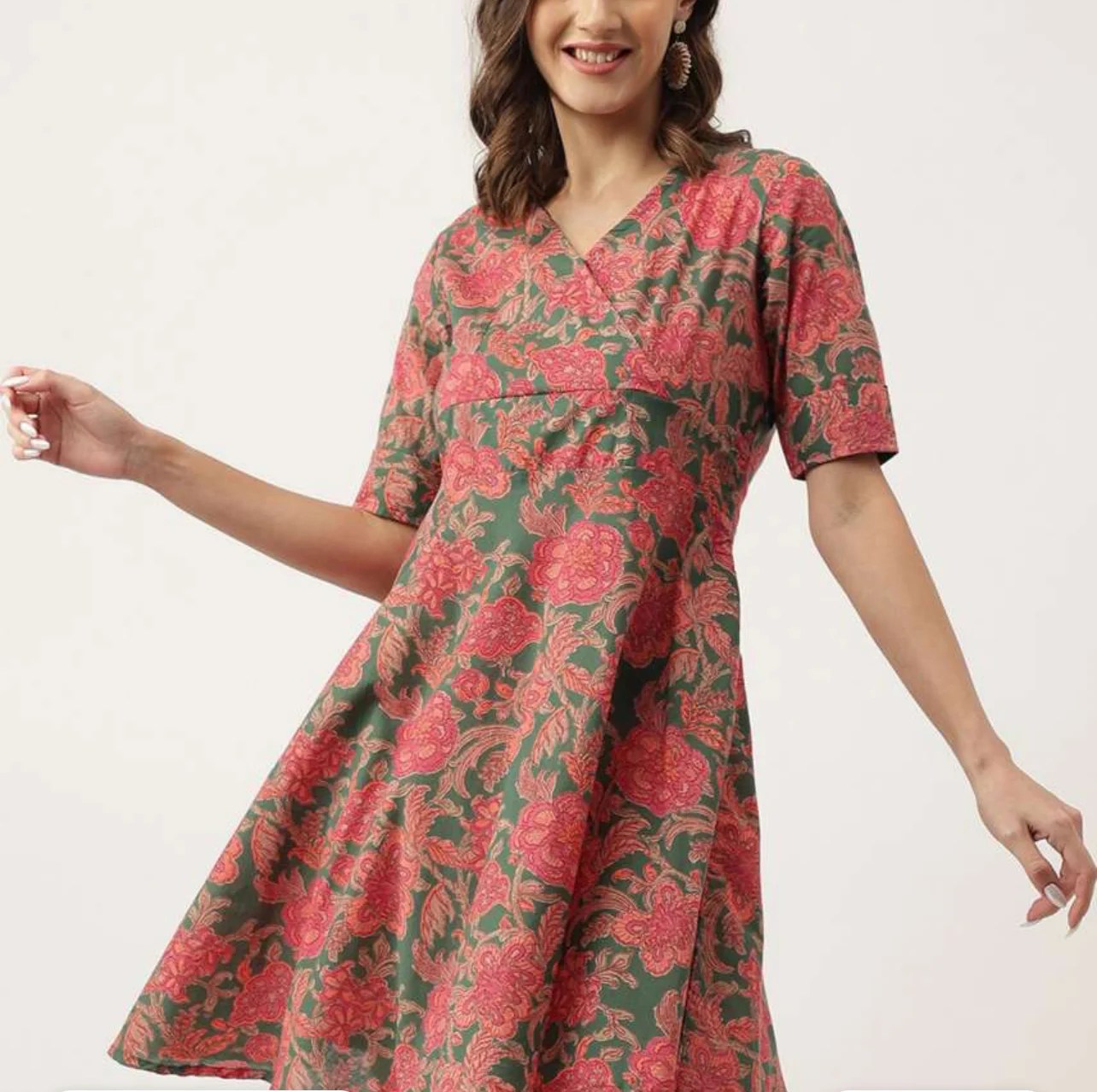 Pink, green & orange floral printed a-line dress