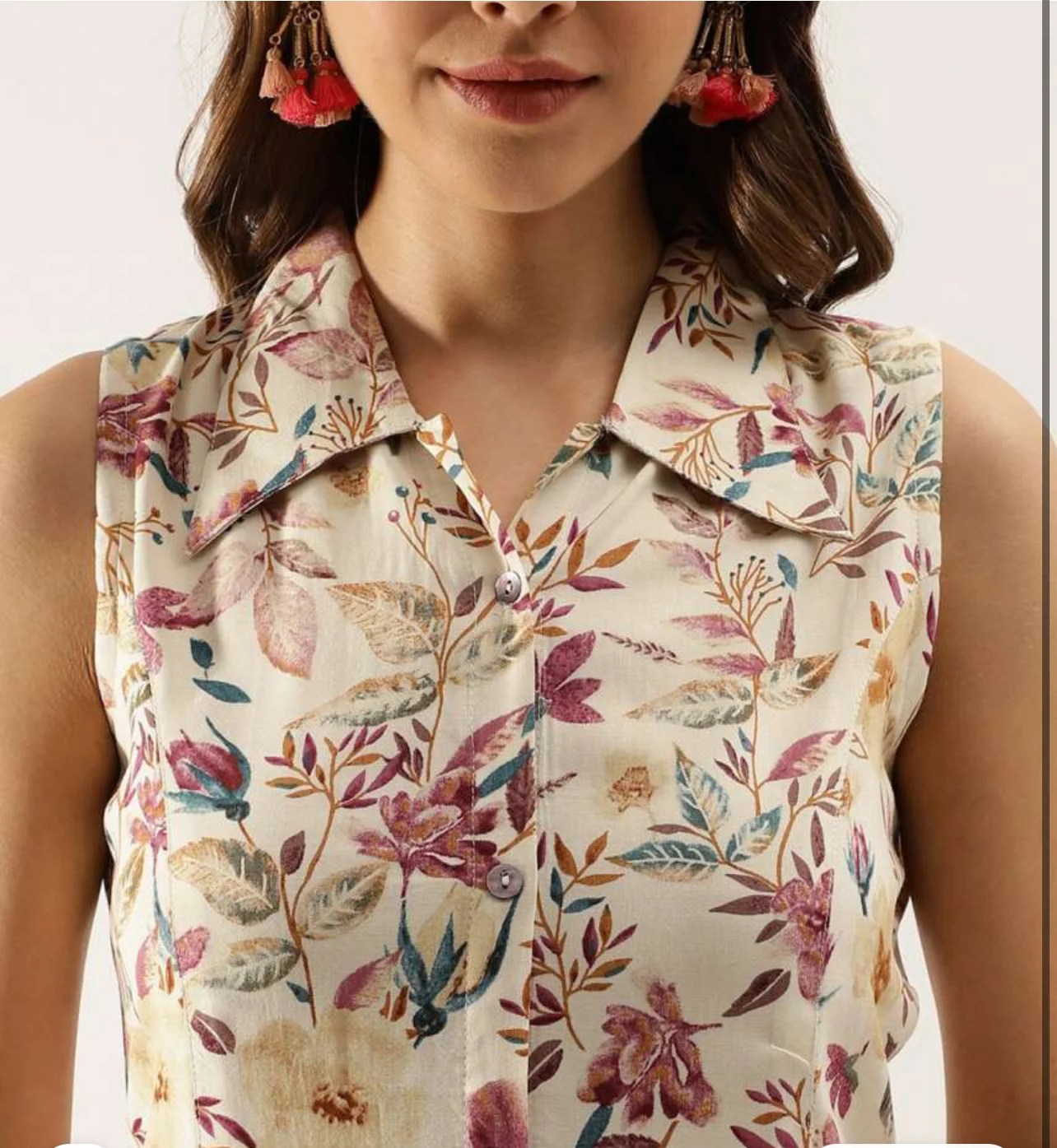 Cream-coloured, pink & blue floral printed shirt dress