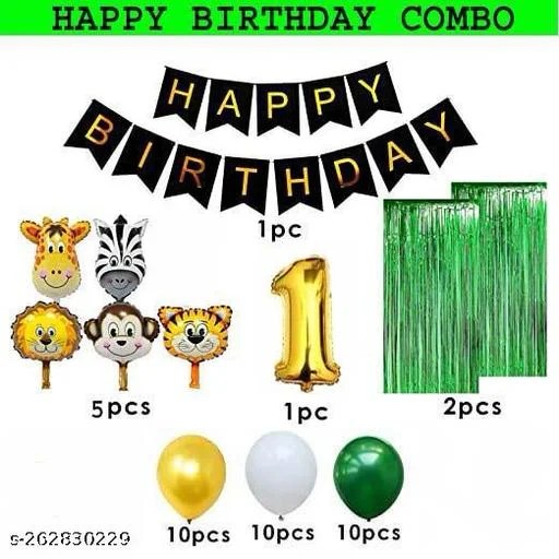 Jungle Theme 1st Birthday Decorations -5 Animals Foil Balloons, 2 Foil Curtain, Bunting for 1st Theme Bday