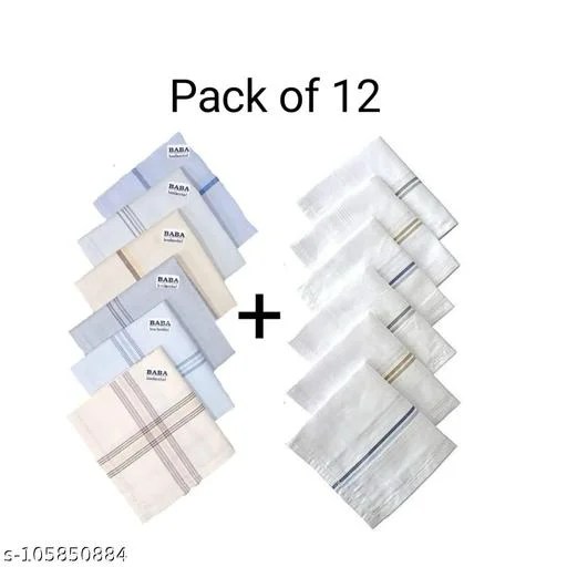 Stylish 100% Pure Cotton Mens Handkerchief Pack of(6 White+6 Multicolour)
