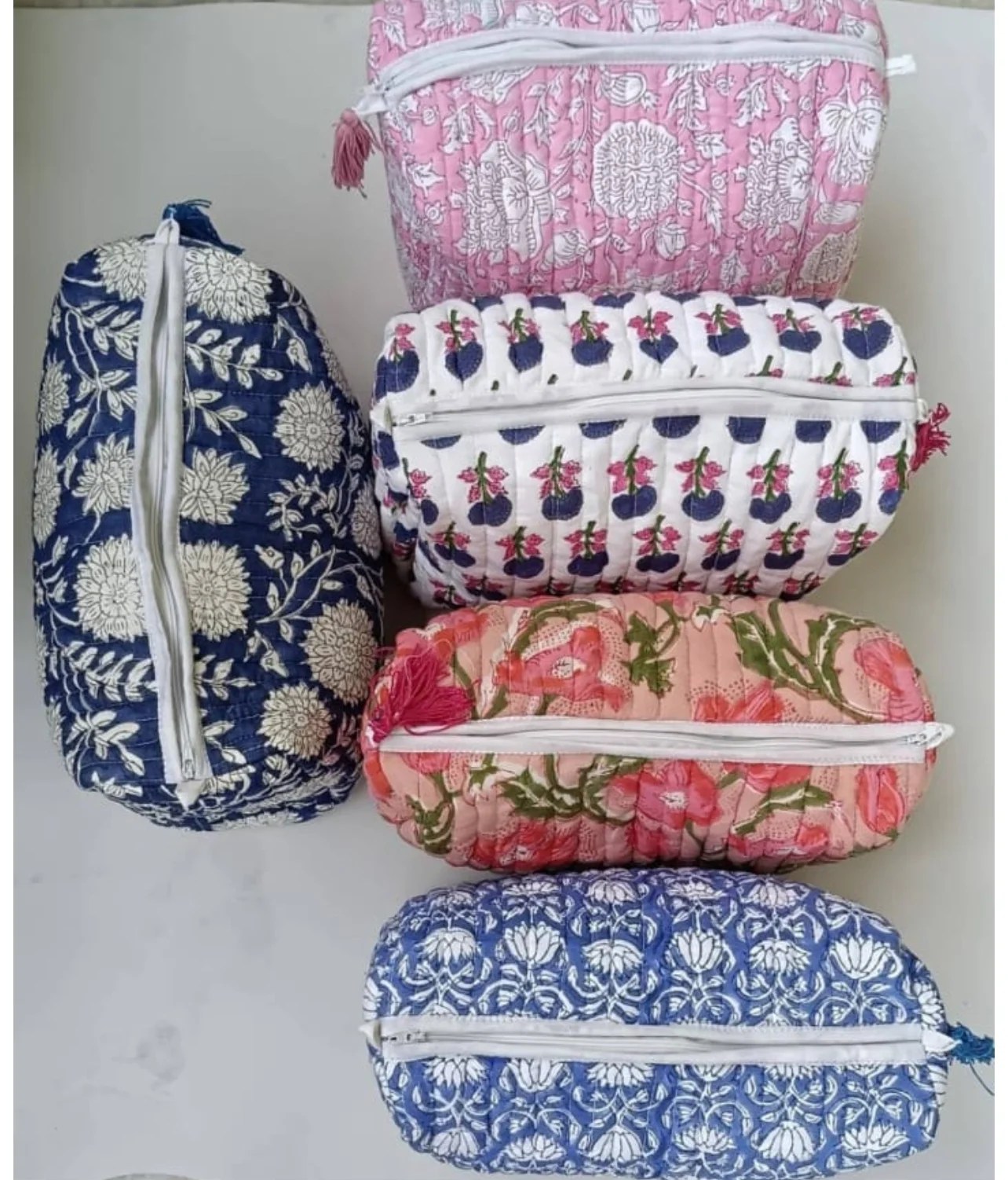 Quilted Pouches I Travel Organiser Kit I Pure Cotton I Hand-Block Printed I Sky Blue Color I Floral Design Pattern