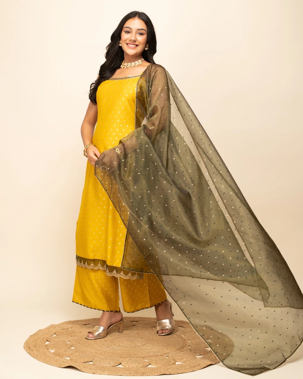 Yellow, gold-toned & green printed Kurta with Palazzos with dupatta