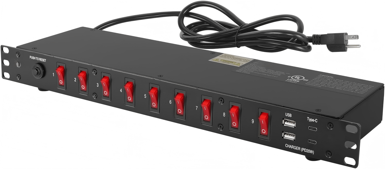 9-Outlet Rack Mount Power Strip,1U Horizontal PDU Individual Switch 6ft Cord, with 2USB and 2 Type-C,for IT and Network Racks and Cabinets