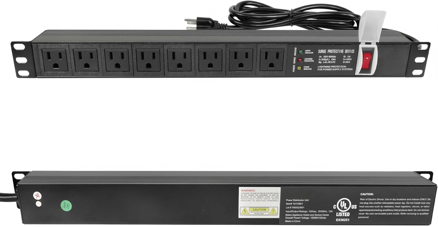 1U Rack-Mount Horizontal 8-Outlet Power Strip UL Listed PDU with Surge Protection LED Indicators 6ft Cord Power Distribution for IT and Network Server Racks