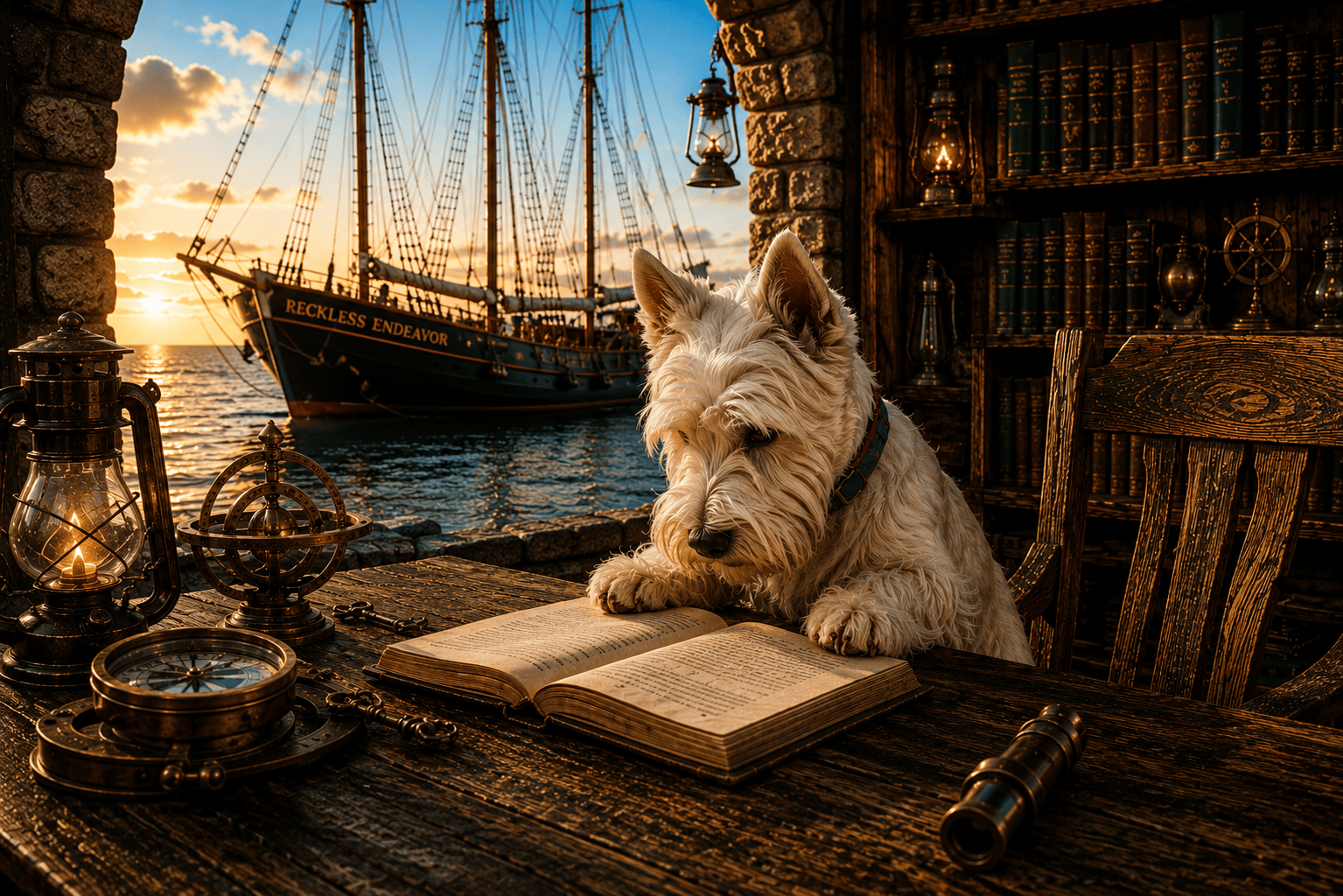 Augie the Scottish Terrier reading a book
