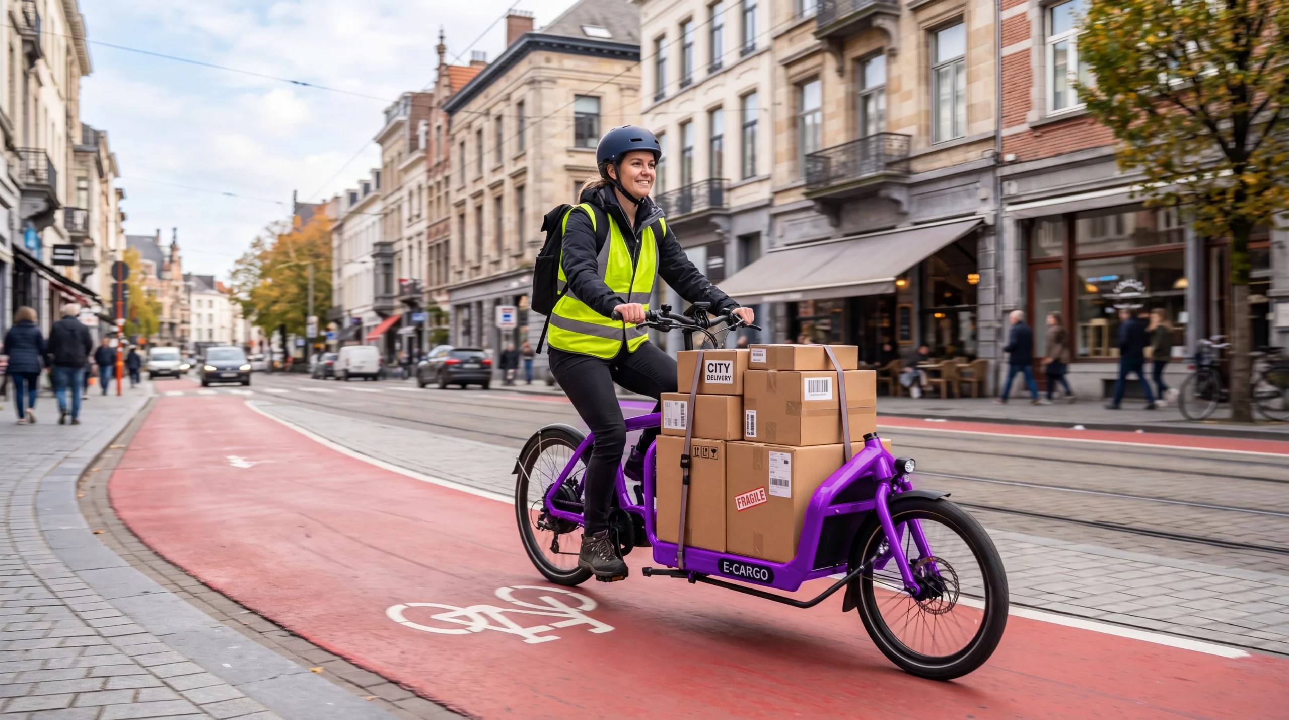 Eine Radfahrerin mit Warnweste fährt mit einem beladenen E-Lastenrad durch eine belebte Innenstadt. Mehrere Kartons sind auf der Ladefläche befestigt.