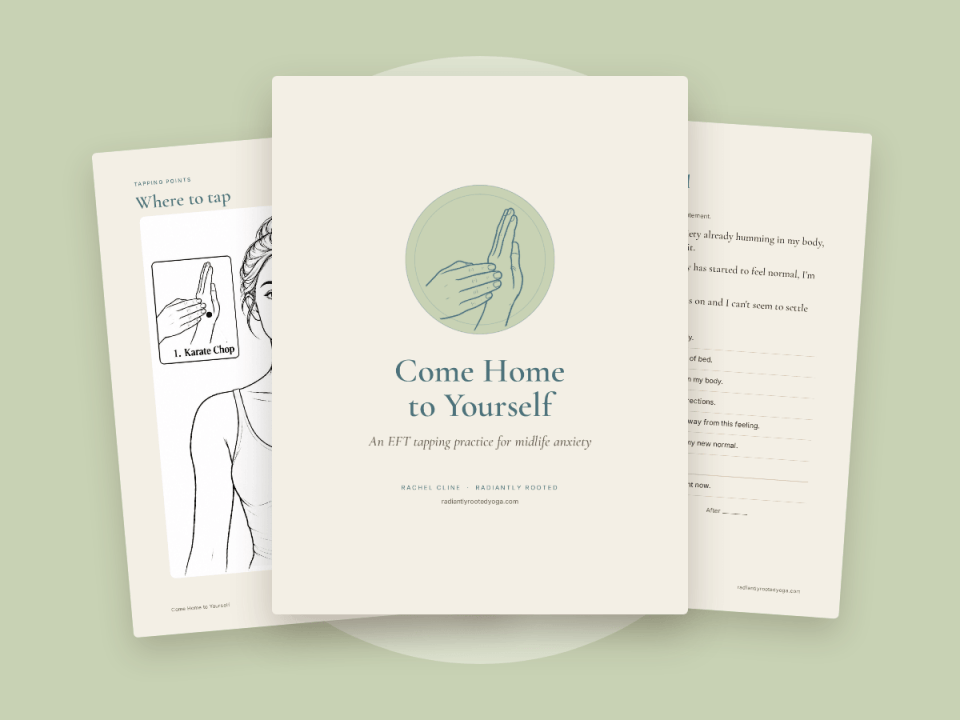 Pages from the Come Home to Yourself printable tapping guide, fanned out on a soft sage background