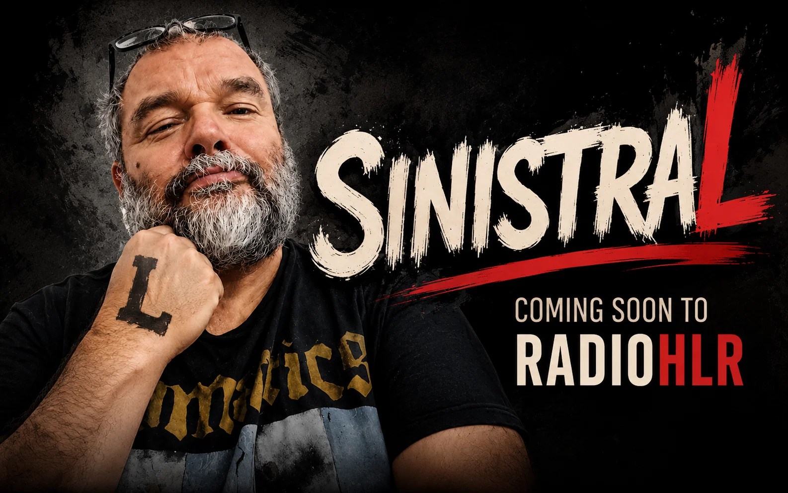 Poster showing presenter James and the title Sinistral.