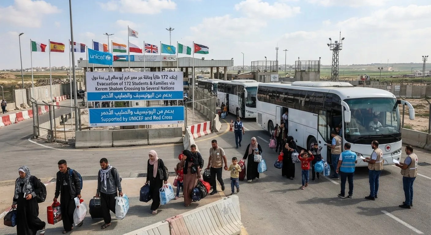 إجلاء 172 طالباً وعائلة من قطاع غزة عبر معبر كرم أبو سالم نحو عدة دول أوروبية وعالمية