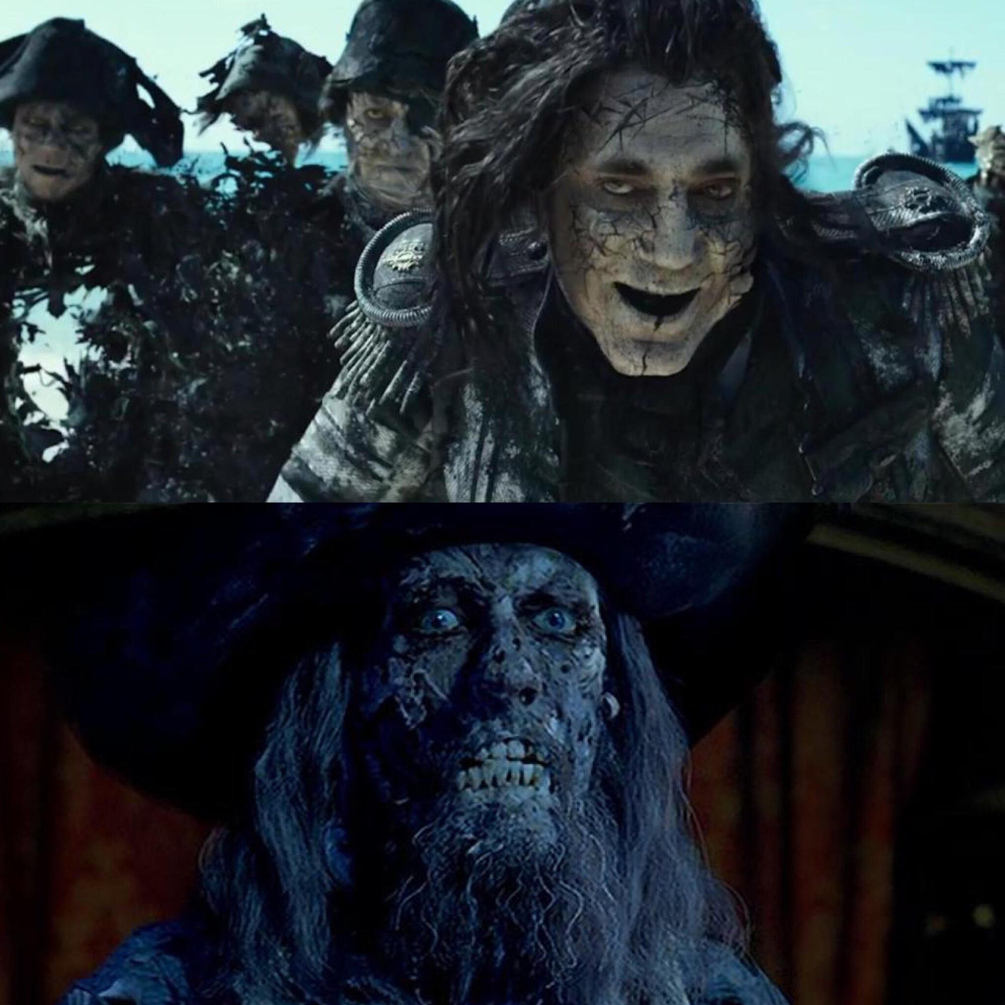 Top: Captain Salazar and his crew in Salazar’s Revenge (2017) Bottom: Captain Barbossa in Curse of the Black Pearl (2003)