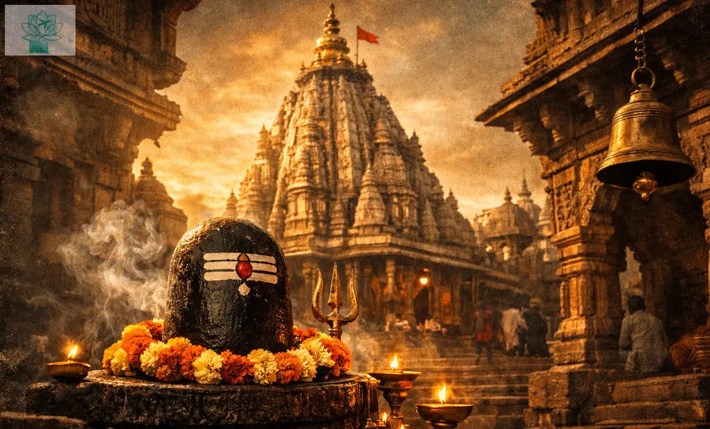 Mahakaleshwar Temple in Ujjain at golden hour showing the towering shikhara, decorated Shivalinga with marigold garlands, trident, oil lamps, and devotees offering prayers.