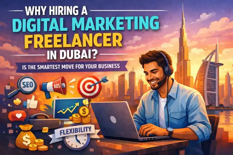 Digital marketing freelancer working on laptop with Dubai skyline at sunset; SEO, ads and social icons showing growth and flexibility.