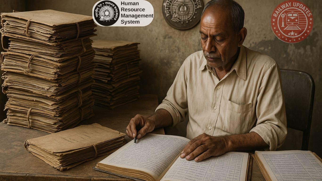 Image showing stacks of files and registers from the old system, highlighting manual record-keeping before HRMS implementation