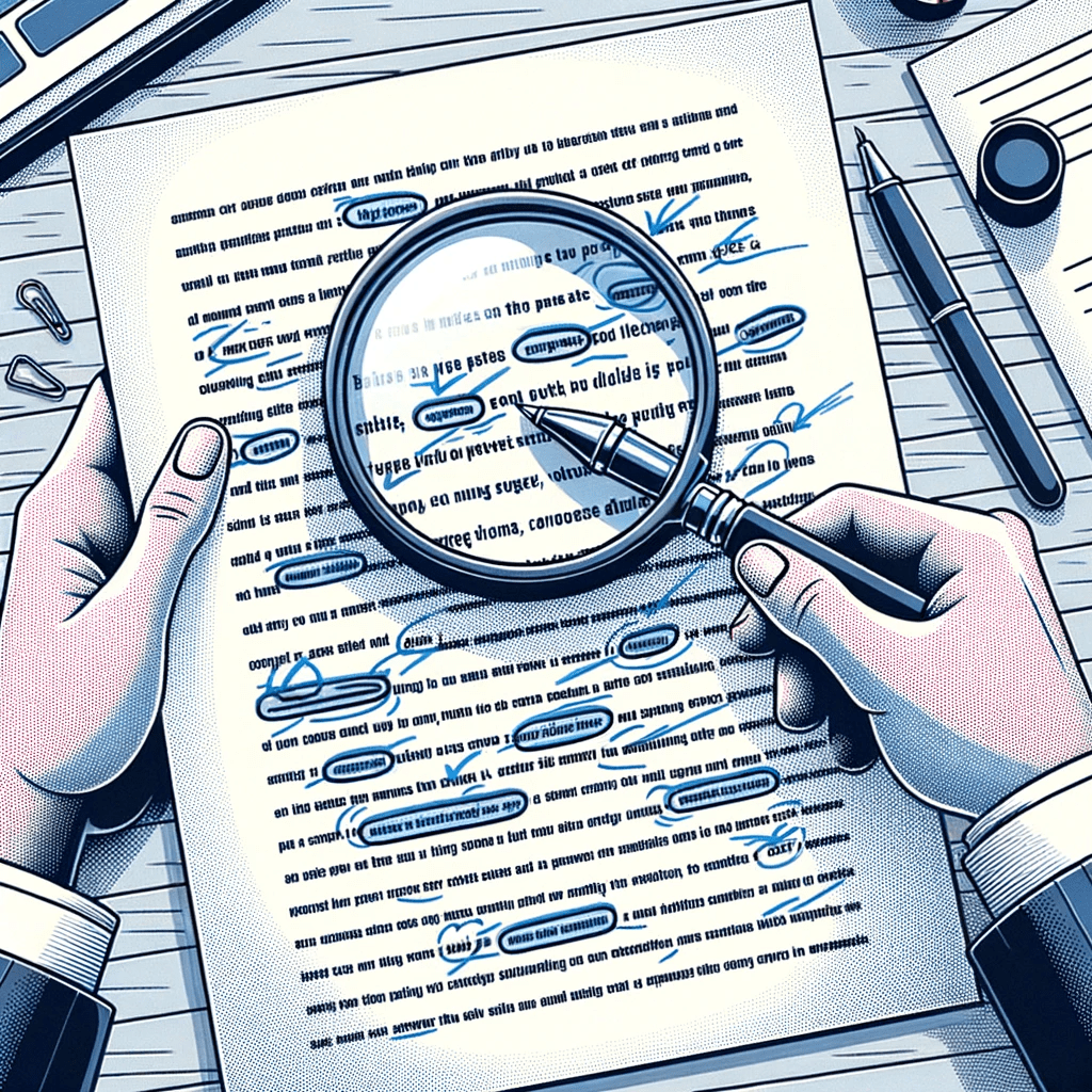 Proofreader holding a magnifying glass over a sheet of paper with corrections.