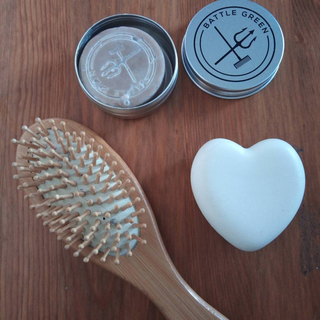 Plastic free conditioner, Battle Green Box solid conditioner, shampoo bar and bamboo brush