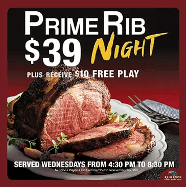 Image promoting offer on Prime Rib $39 at Rain Rock Casino in Yreka, CA