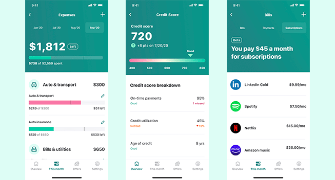 Screenshots of Mint app features