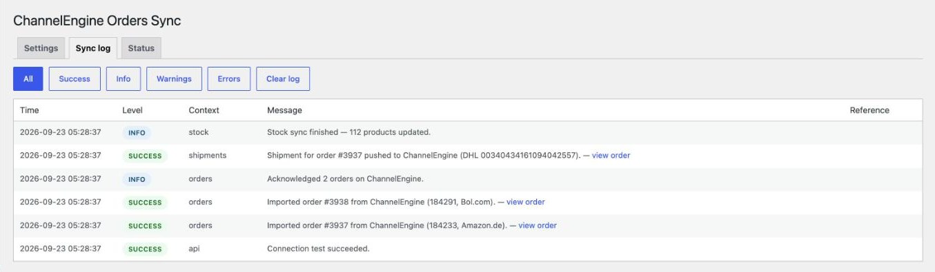 ChannelEngine Orders Sync log with imports from Amazon.de and Bol.com, acknowledgement and shipment entries