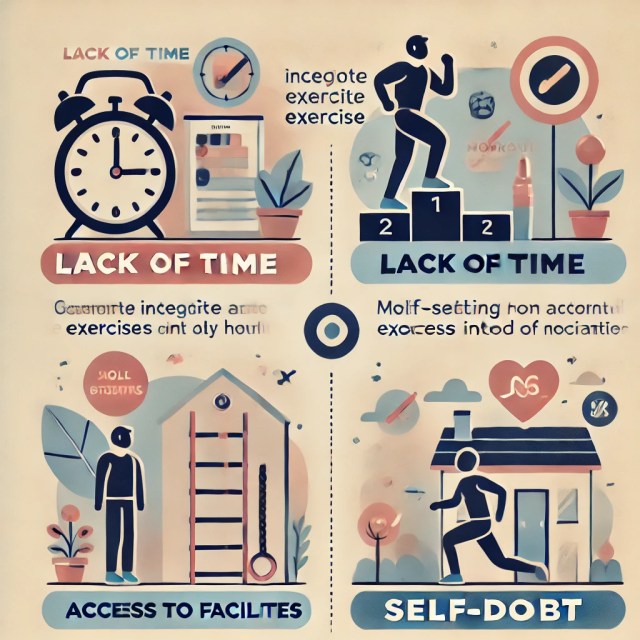 Infographic illustrating strategies to overcome common barriers to exercise, with sections on time management, motivation, facility access, and self-doubt."