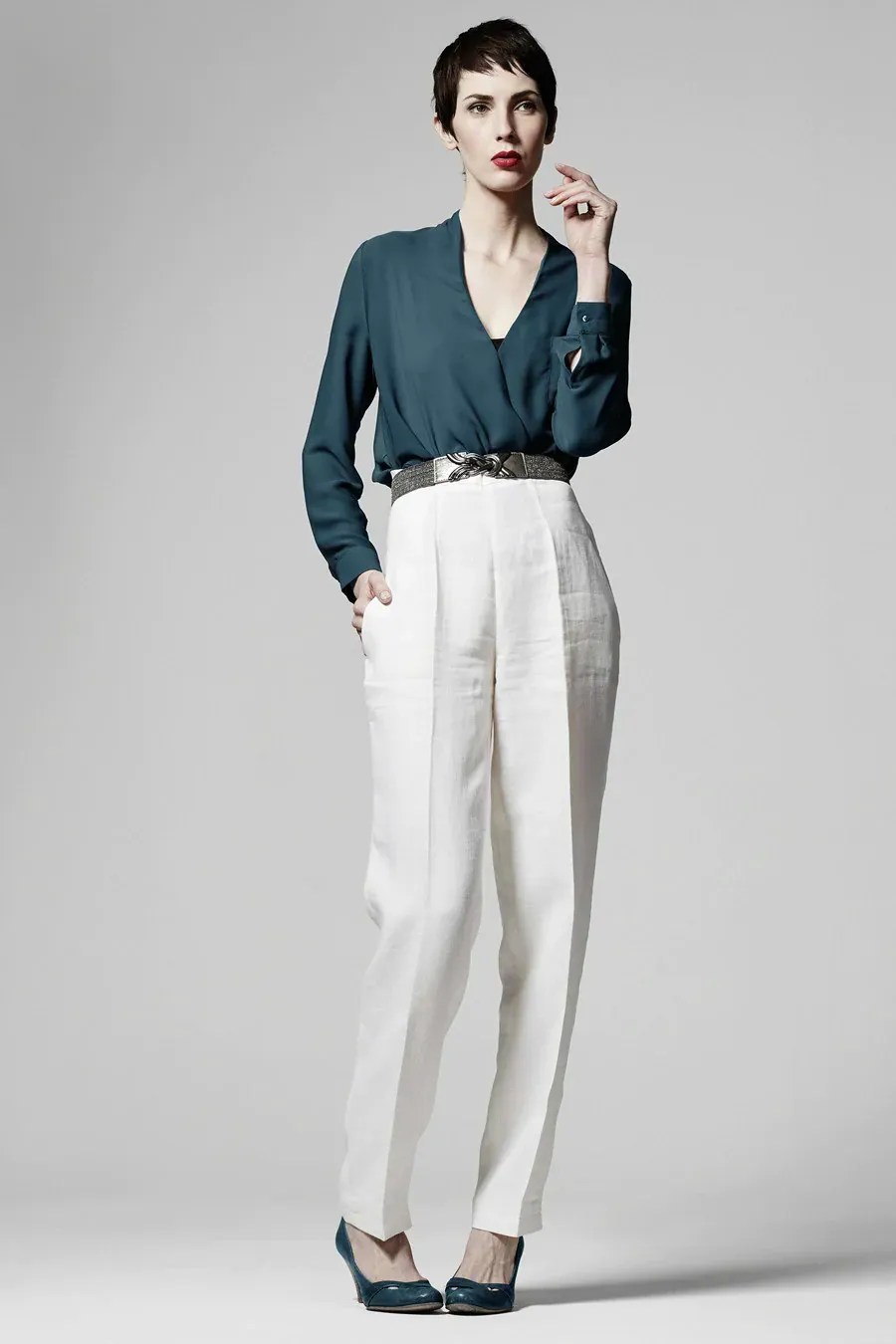Retro-Chic Coco Trousers Sewing Pattern - High waist, loose hip fit, tapered legs. Available in multiple sizes. Ralph Pink Patterns