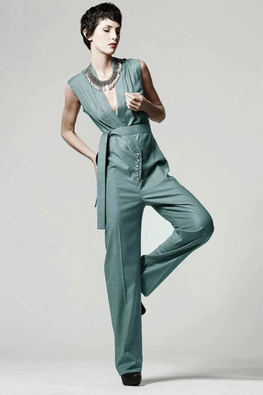 Lux wide leg jumpsuit sewing pattern made in sage green, front view