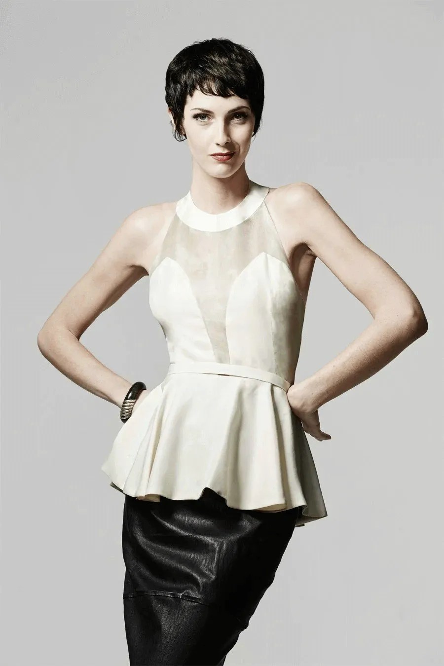 Peplar halter neck peplum top sewing pattern made in ivory, front view