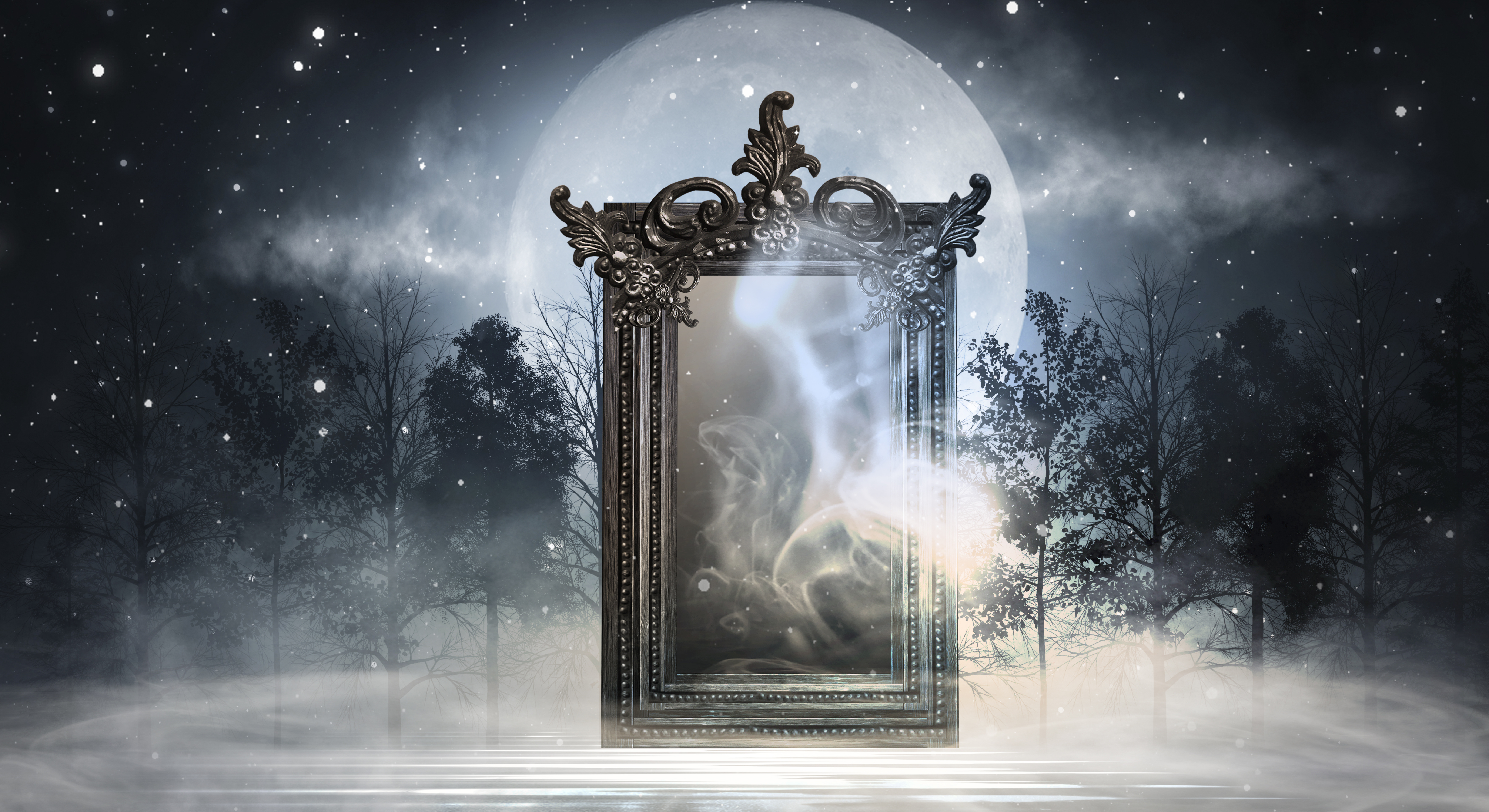 Dark fantasy landscape. Dark forest, magic mirror. Dark scene of a