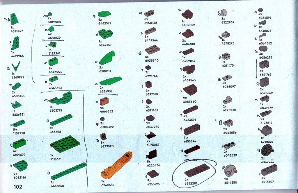 A detailed parts inventory list for a LEGO set, featuring various green, brown, and tan bricks along with quantities next to each piece.