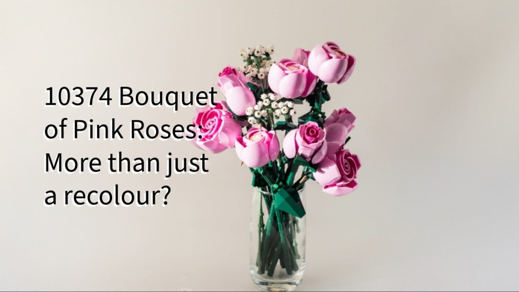A bouquet of pink LEGO roses arranged in a clear vase, accompanied by small white flowers, against a plain background.