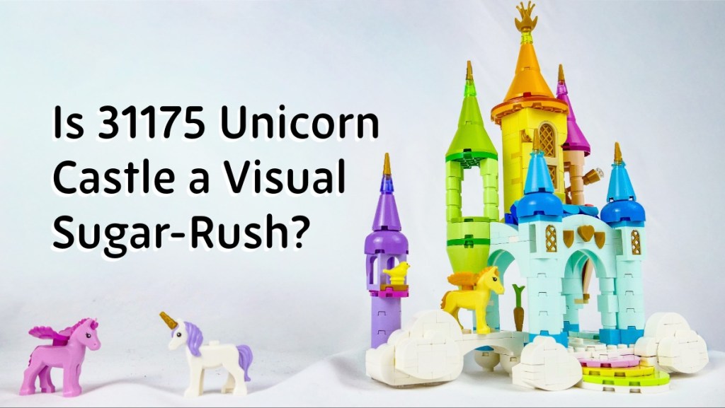 Colorful LEGO Unicorn Castle with two small unicorn figures in the foreground, showcasing a whimsical design.