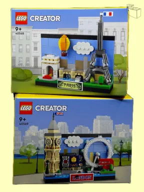 Two LEGO Creator sets showcasing iconic landmarks. The top box features Paris with the Eiffel Tower, a hot air balloon, and the Arc de Triomphe, while the bottom box presents London with Big Ben, the London Eye, and a red bus.
