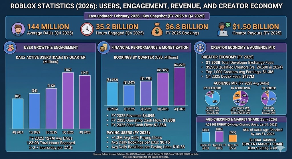 Roblox Statistics 2026 Users Engagement Revenue And Creator Roblox Statistics 