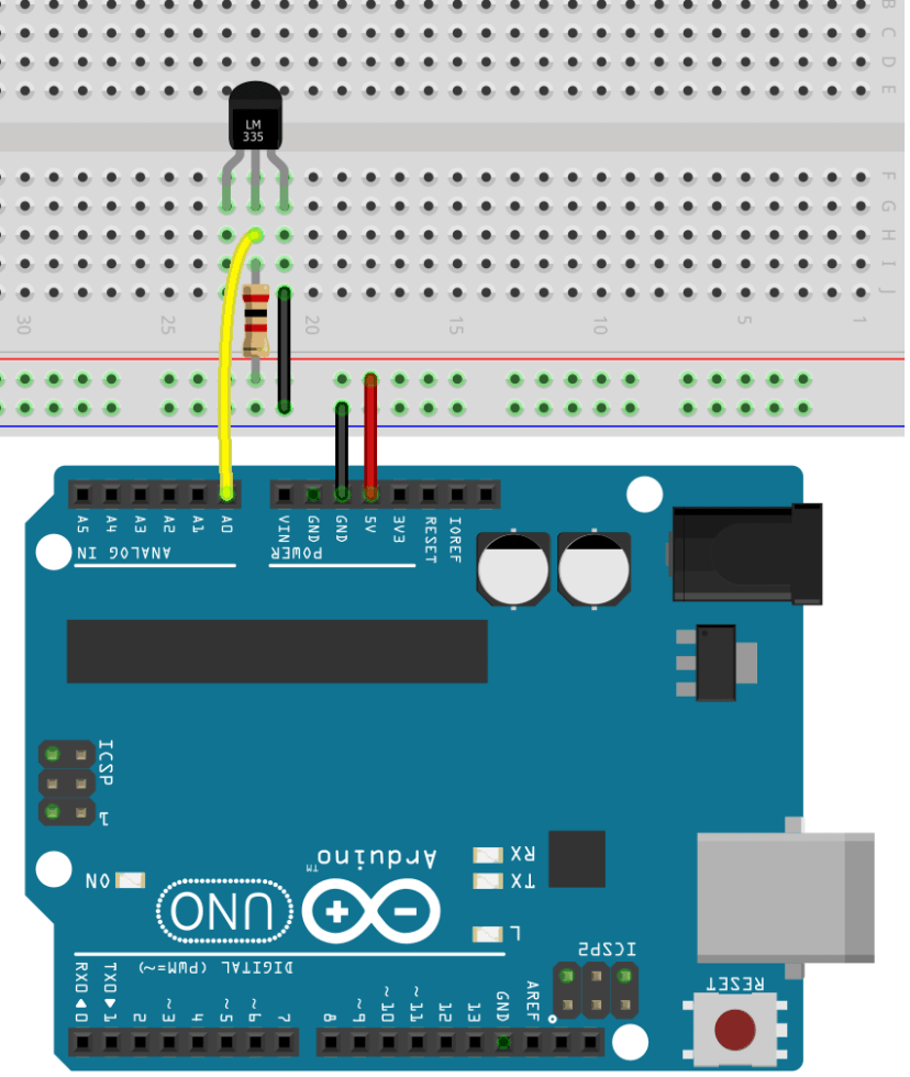 Diagrama esquemático de fiação LM335 e LM34 para Arduino