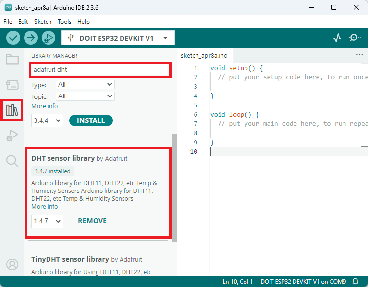 Install Adafruit DHT library Arduino IDE