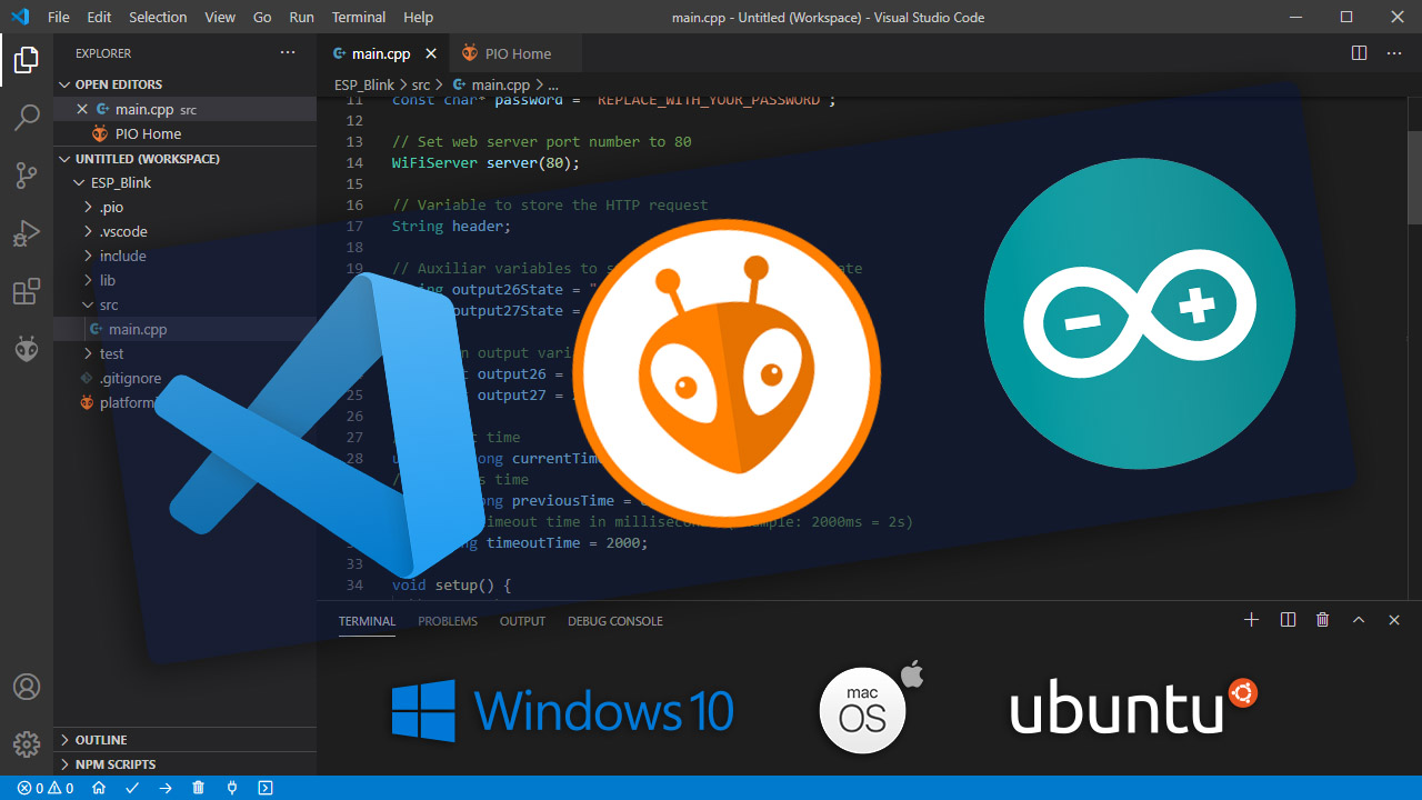 Getting Started with VS Code and PlatformIO IDE for ESP32 and NodeMCU ESP8266 boards: Windows Mac OS X Linux Ubuntu