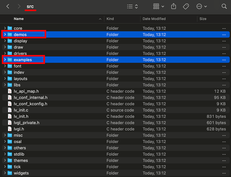 Moved examples demos folders to src folder LVGL library Arduino IDE 2 Mac OS