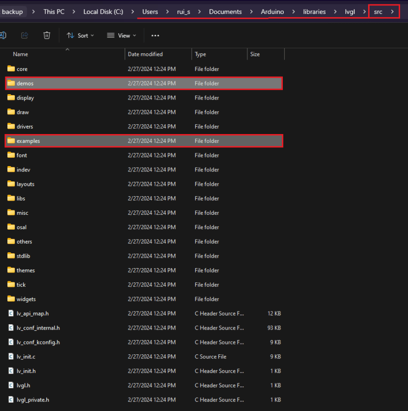 moved examples demos folders to src folder LVGL library Arduino IDE 2