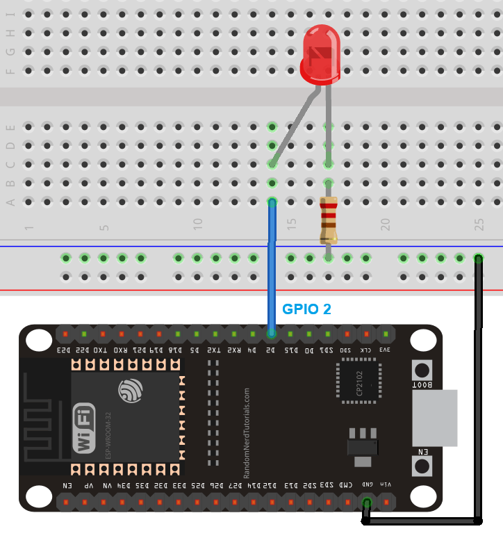 ESP32 with an LED connected to GPIO 2