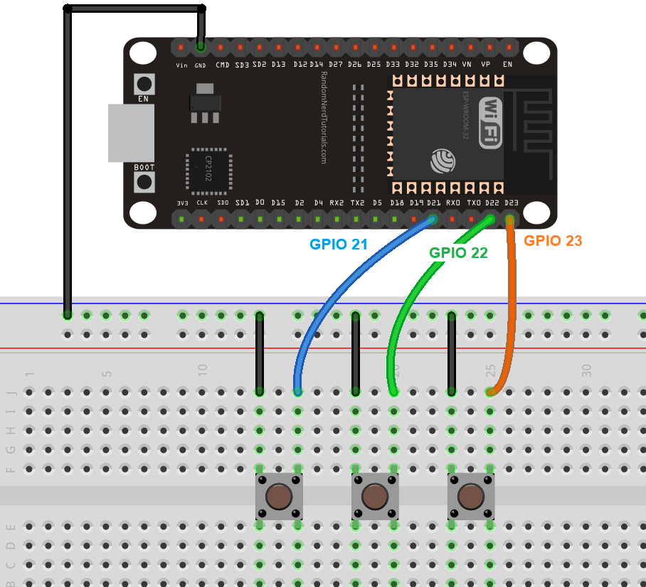 ESP32 connected to three pushbuttons - circuit diagram