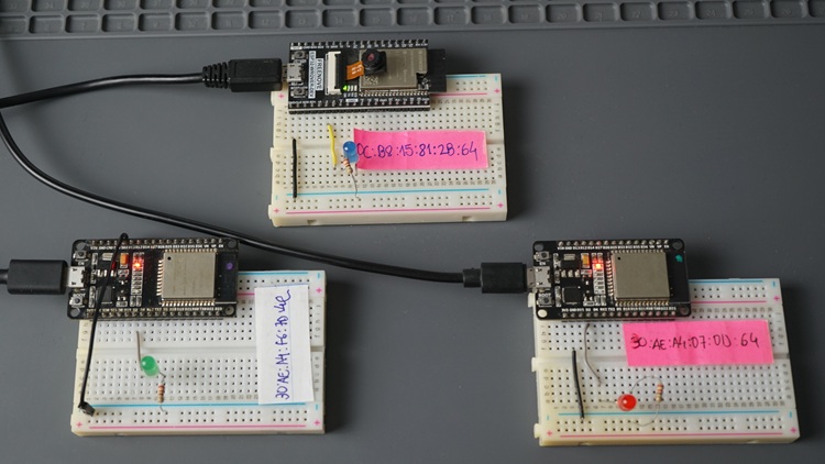 Three ESP32 boards with ESP-NOW code to receive data