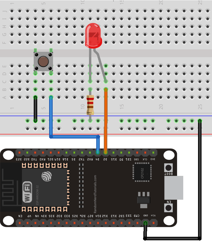 ESP32 connected to a pushbutton and an LED - circuit diagram