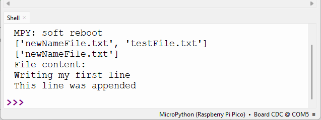 RPi Pico Thonny IDE - file operations - results on Thonny IDE