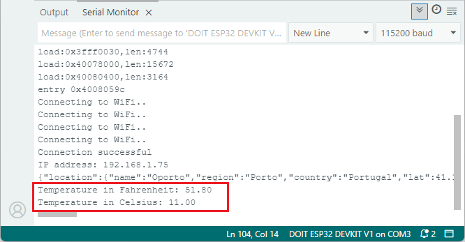 Get Temperature from API - ESP32 - Serial Monitor